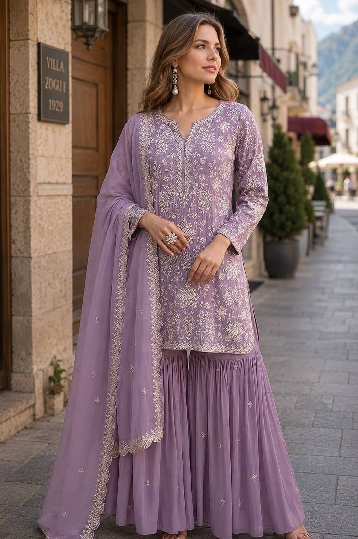 Purple embroidered faux georgette sharara suit
