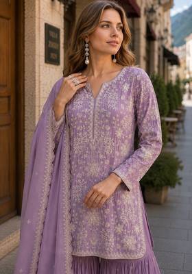 Purple embroidered faux georgette sharara suit 2