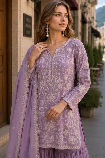 Purple embroidered faux georgette sharara suit