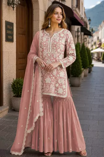 Peach embroidered faux georgette sharara suit