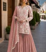 Peach embroidered faux georgette sharara suit