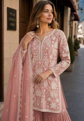 Peach embroidered faux georgette sharara suit 2