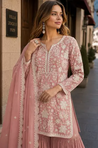 Peach embroidered faux georgette sharara suit