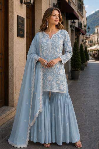 Sky blue embroidered faux georgette sharara suit
