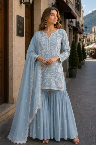 Sky blue embroidered faux georgette sharara suit