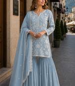 Sky blue embroidered faux georgette sharara suit