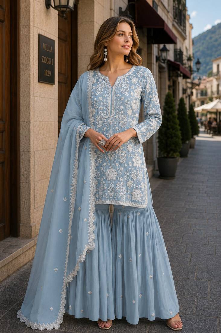 Sky blue embroidered faux georgette sharara suit