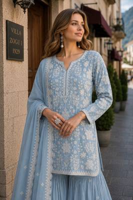 Sky blue embroidered faux georgette sharara suit 2