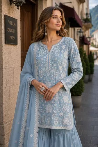 Sky blue embroidered faux georgette sharara suit