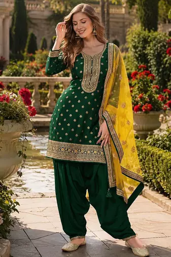 Green embroidered viscose patiala salwar suit