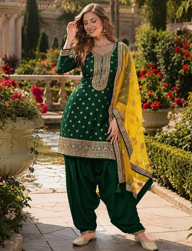 Green embroidered viscose patiala salwar suit