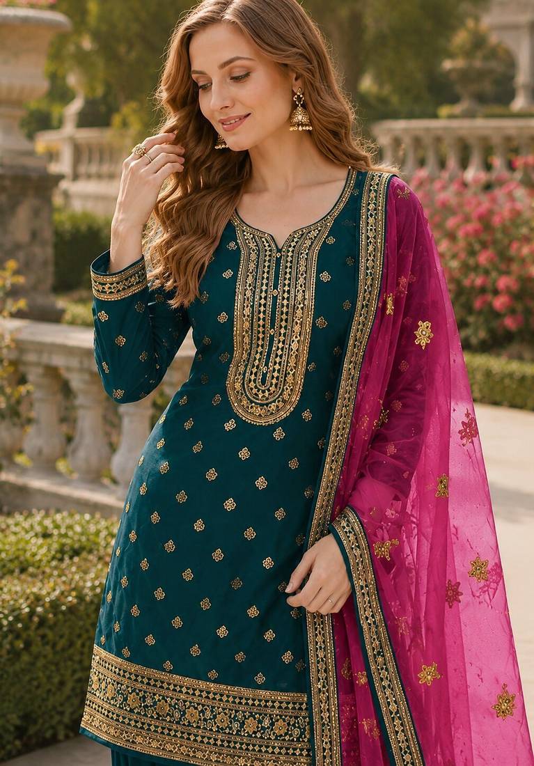 Navy blue embroidered viscose patiala salwar suit