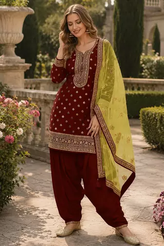 Maroon embroidered viscose patiala salwar suit