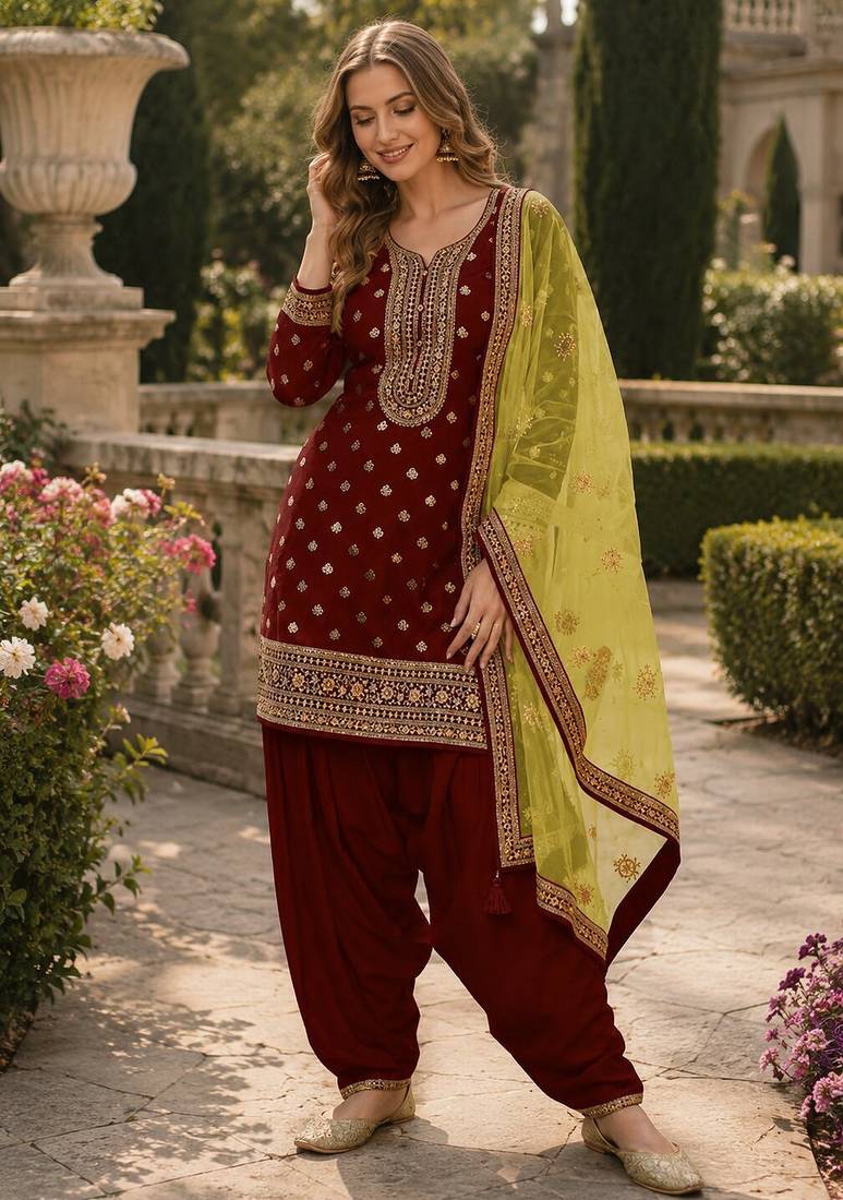 Maroon embroidered viscose patiala salwar suit