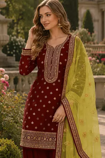 Maroon embroidered viscose patiala salwar suit