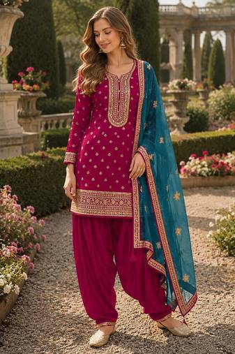 Pink embroidered viscose patiala salwar suit