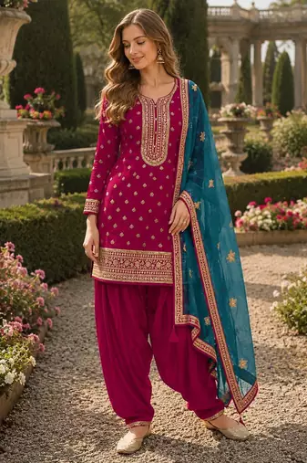 Pink embroidered viscose patiala salwar suit