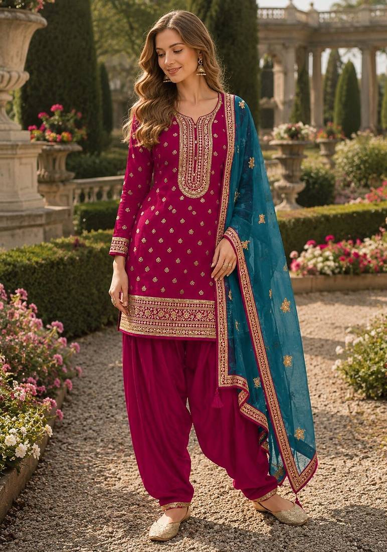 Pink embroidered viscose patiala salwar suit