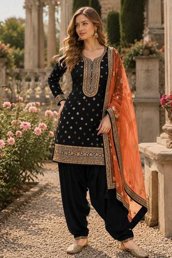 Black embroidered viscose patiala salwar suit