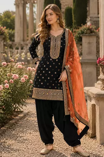Black embroidered viscose patiala salwar suit