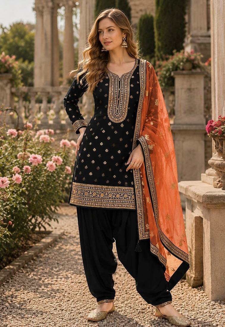 Black embroidered viscose patiala salwar suit