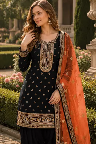 Black embroidered viscose patiala salwar suit