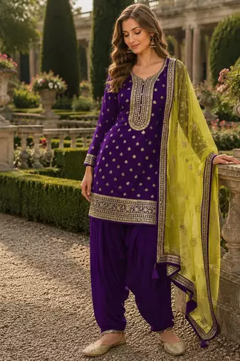 Purple embroidered viscose patiala salwar suit