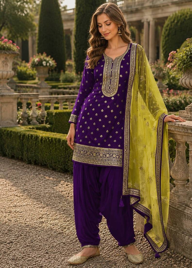 Purple embroidered viscose patiala salwar suit