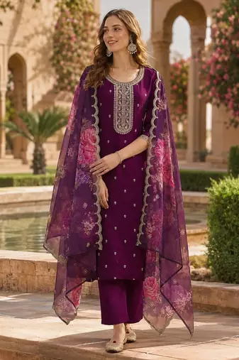 Maroon silk embroidered viscose thread jari work salwar suit