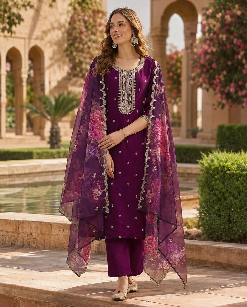 Maroon silk embroidered viscose thread jari work salwar suit
