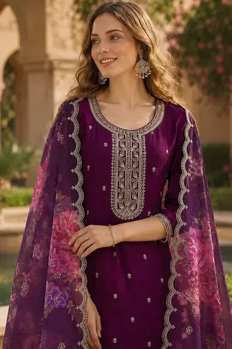 Maroon silk embroidered viscose thread jari work salwar suit