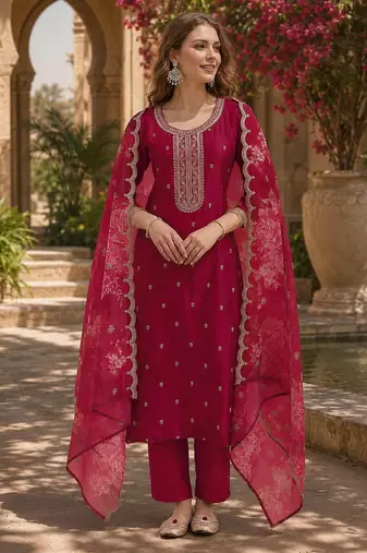 Red silk embroidered viscose thread jari work salwar suit