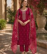 Red silk embroidered viscose thread jari work salwar suit