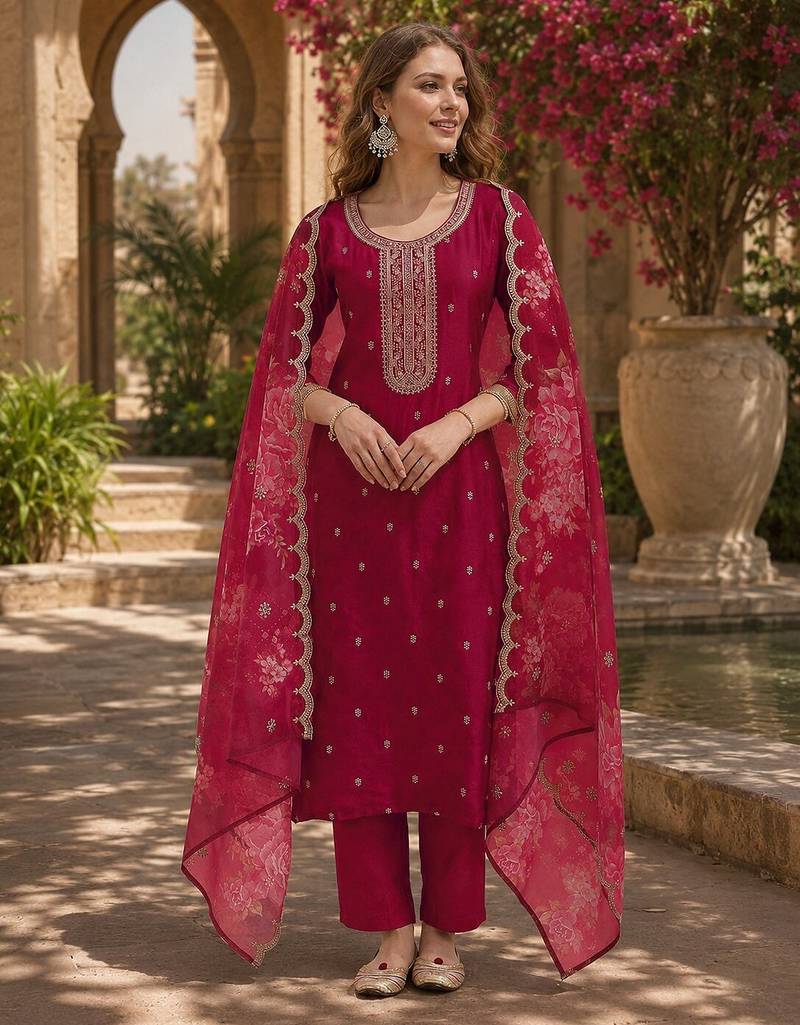 Red silk embroidered viscose thread jari work salwar suit