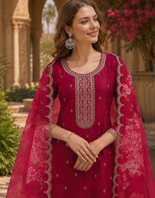 Red silk embroidered viscose thread jari work salwar suit 2