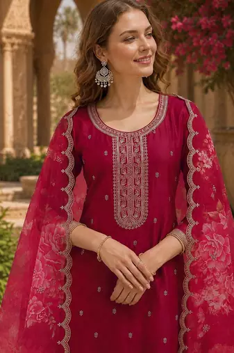 Red silk embroidered viscose thread jari work salwar suit