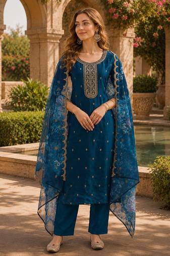 Teal blue silk embroidered viscose thread jari work salwar suit