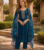 Teal blue silk embroidered viscose thread jari work salwar suit