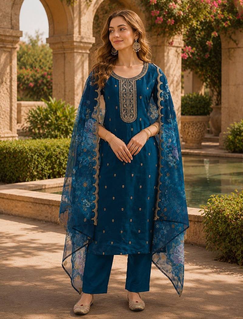 Teal blue silk embroidered viscose thread jari work salwar suit