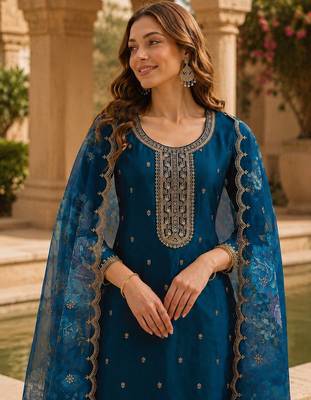 Teal blue silk embroidered viscose thread jari work salwar suit 2