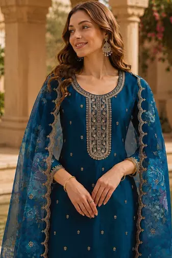 Teal blue silk embroidered viscose thread jari work salwar suit