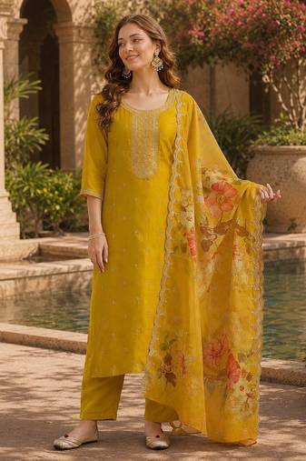 Yellow silk embroidered viscose thread jari work salwar suit