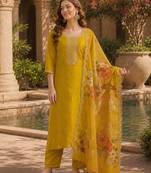 Yellow silk embroidered viscose thread jari work salwar suit