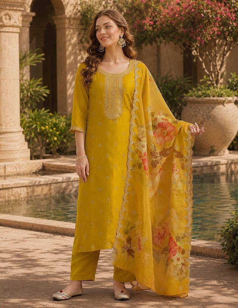 Yellow silk embroidered viscose thread jari work salwar suit