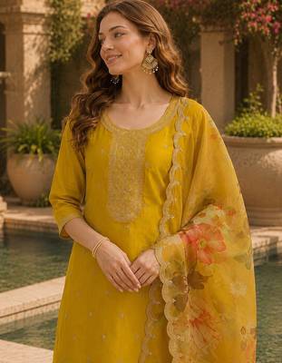 Yellow silk embroidered viscose thread jari work salwar suit 2