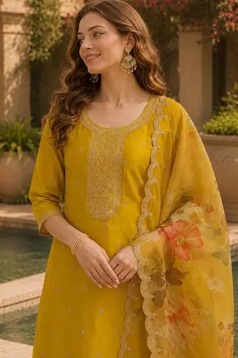 Yellow silk embroidered viscose thread jari work salwar suit