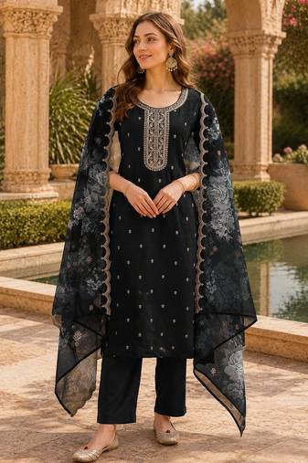 Black silk embroidered viscose thread jari work salwar suit