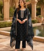 Black silk embroidered viscose thread jari work salwar suit