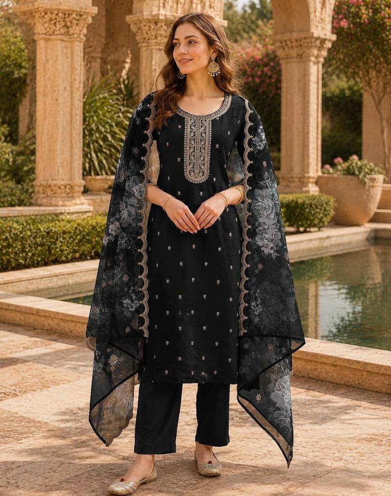 Black silk embroidered viscose thread jari work salwar suit