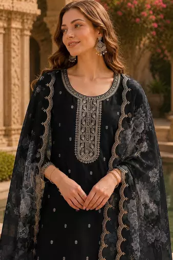 Black silk embroidered viscose thread jari work salwar suit